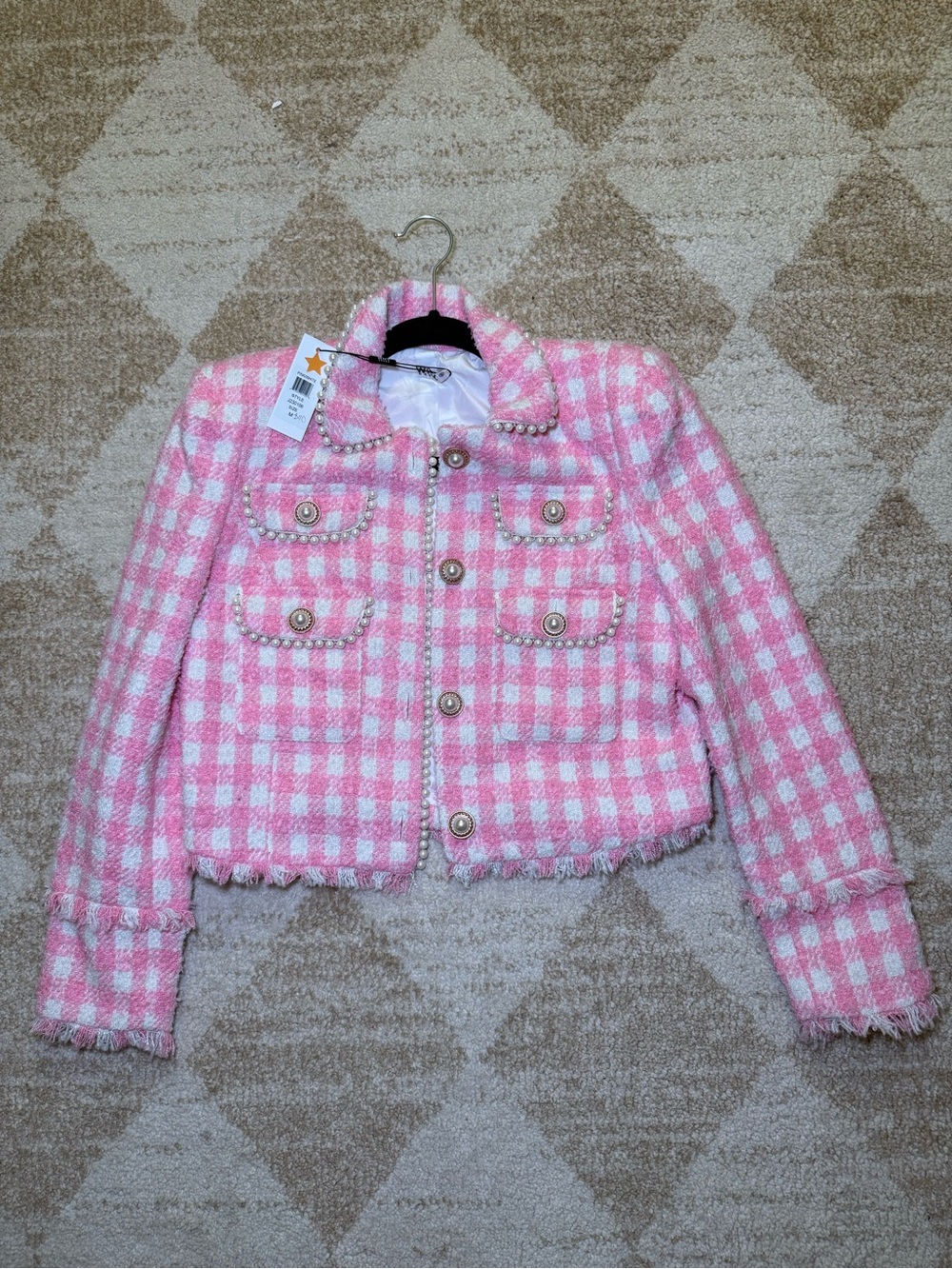 Pink Gingham Tweed Cropped Blazer with Pearl Buttons